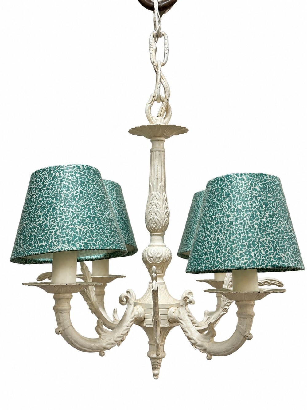 Vintage Shabby Chic 4 arm Small Chandelier Green Fabric Shades made in Spain